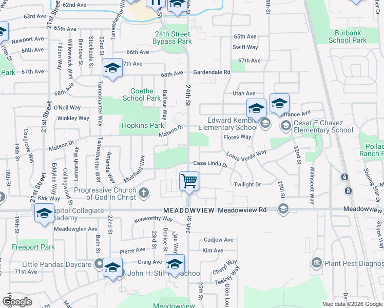 map of restaurants, bars, coffee shops, grocery stores, and more near 7527 24th Street in Sacramento