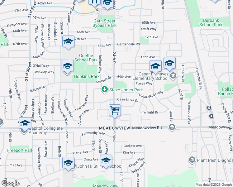 map of restaurants, bars, coffee shops, grocery stores, and more near 7519 24th Street in Sacramento