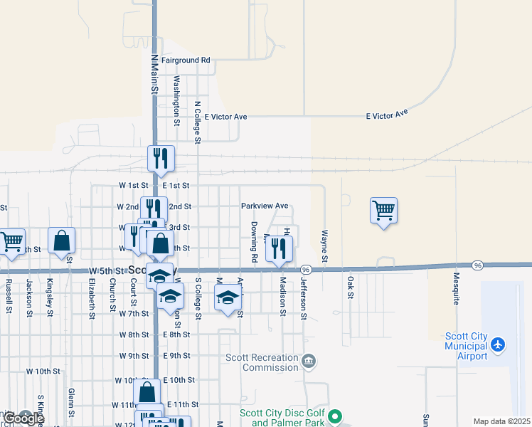 map of restaurants, bars, coffee shops, grocery stores, and more near 576-720 Parkview Avenue in Scott City