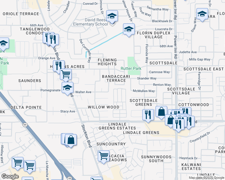 map of restaurants, bars, coffee shops, grocery stores, and more near 7527 Bruno Way in Sacramento