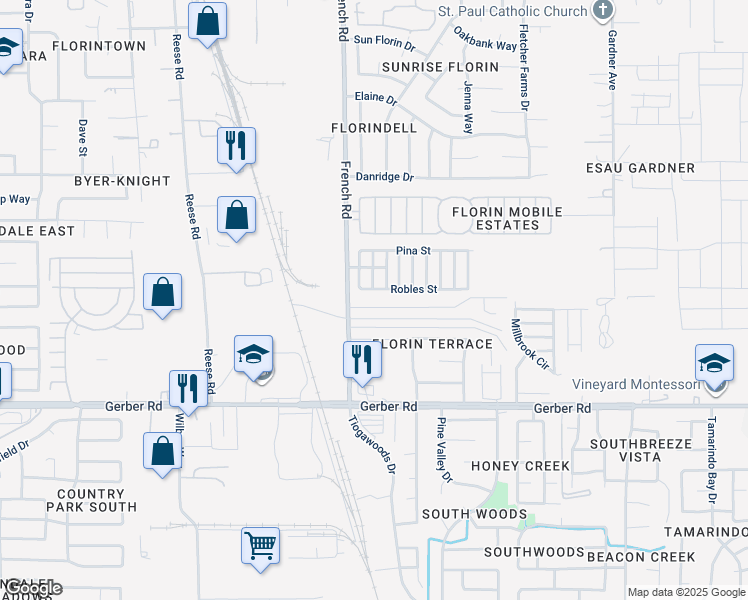 map of restaurants, bars, coffee shops, grocery stores, and more near 54 Robles Street in Sacramento