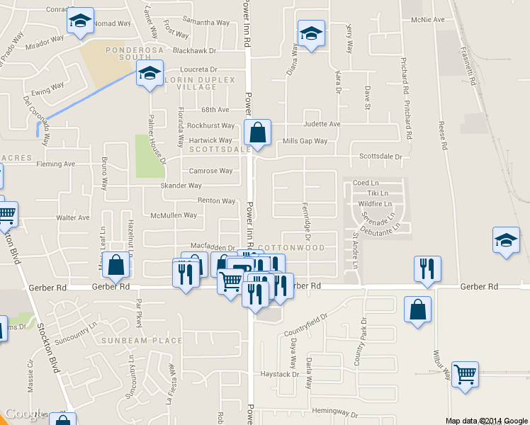 map of restaurants, bars, coffee shops, grocery stores, and more near 7459 Power Inn Road in Sacramento