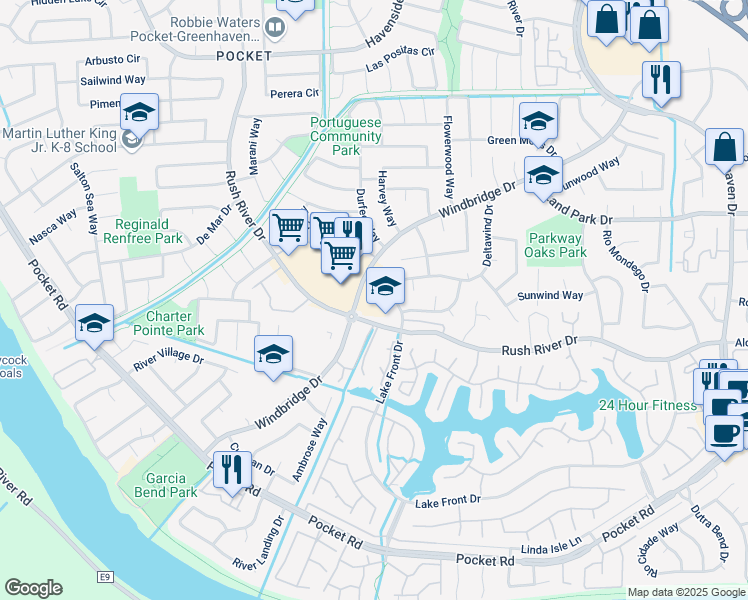 map of restaurants, bars, coffee shops, grocery stores, and more near 7529 Windbridge Drive in Sacramento