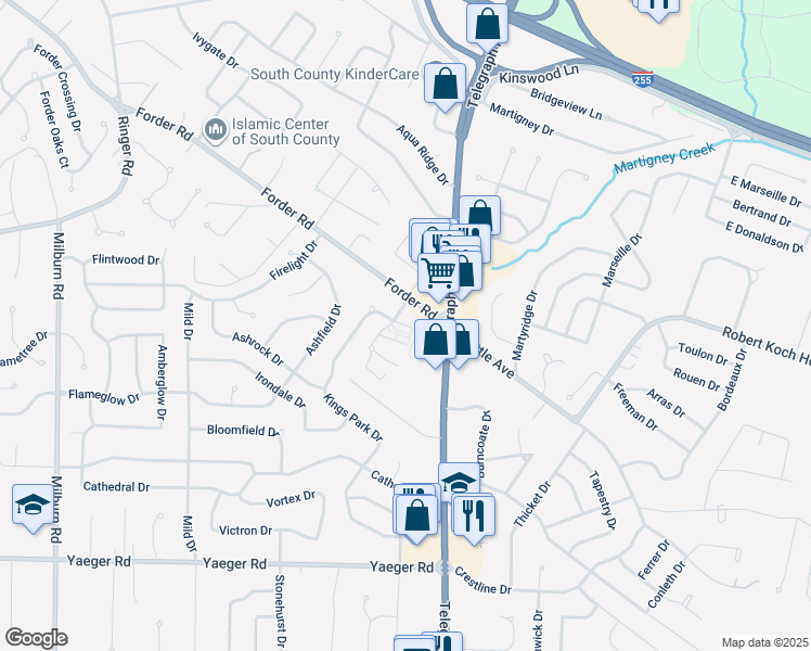 map of restaurants, bars, coffee shops, grocery stores, and more near 2 Wallford Walk in St. Louis