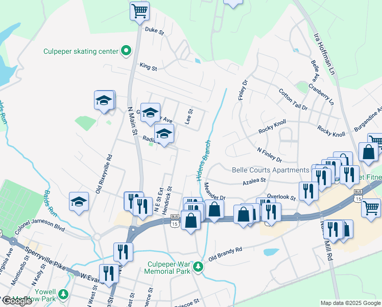 map of restaurants, bars, coffee shops, grocery stores, and more near 515 Radio Lane in Culpeper