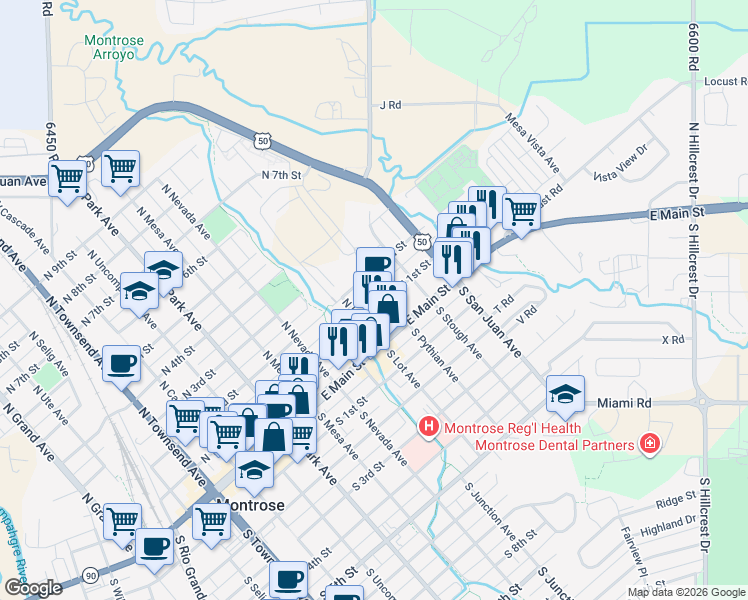 map of restaurants, bars, coffee shops, grocery stores, and more near 131 North Pythian Avenue in Montrose