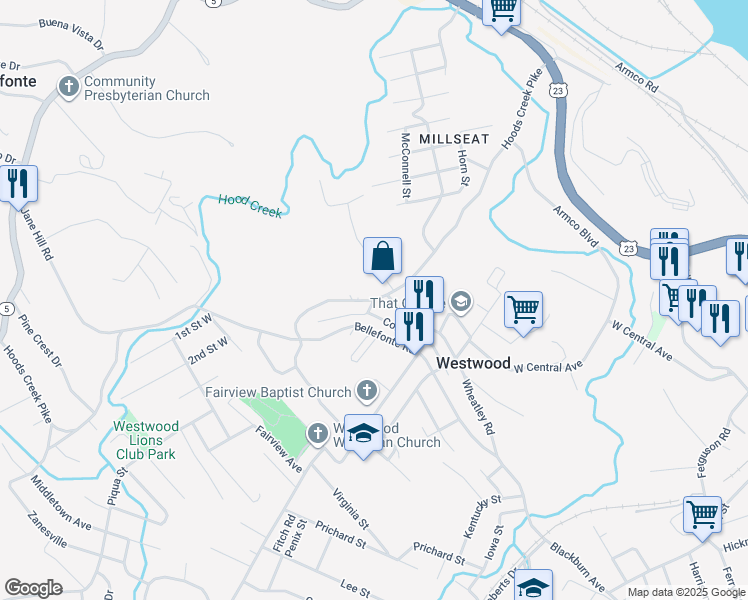 map of restaurants, bars, coffee shops, grocery stores, and more near 1814 Hoods Creek Pike in Ashland