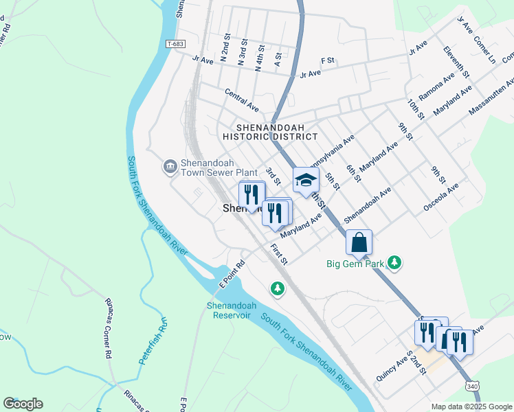 map of restaurants, bars, coffee shops, grocery stores, and more near 121 Pennsylvania Avenue in Shenandoah