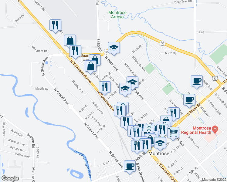 map of restaurants, bars, coffee shops, grocery stores, and more near 700 North Cascade Avenue in Montrose