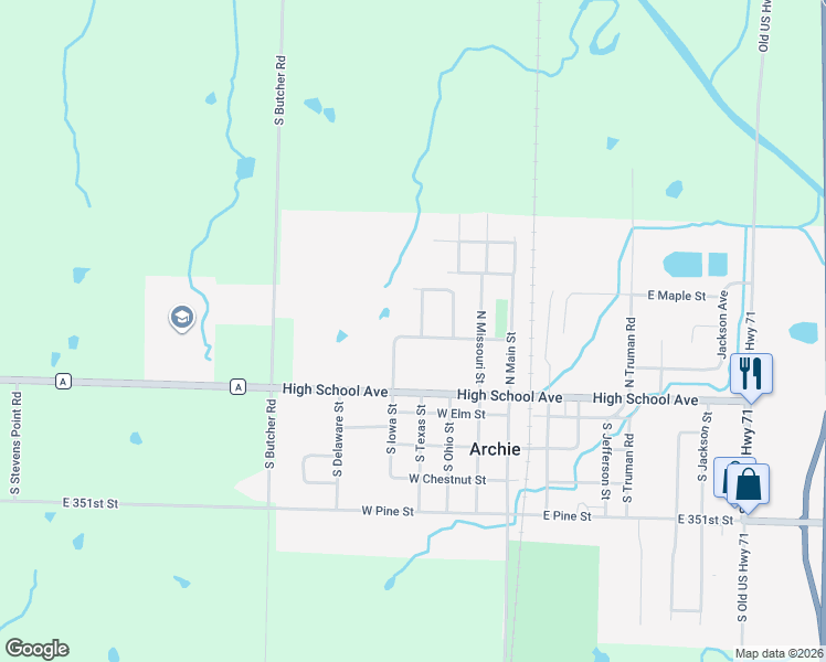 map of restaurants, bars, coffee shops, grocery stores, and more near 202 North Texas Street in Archie