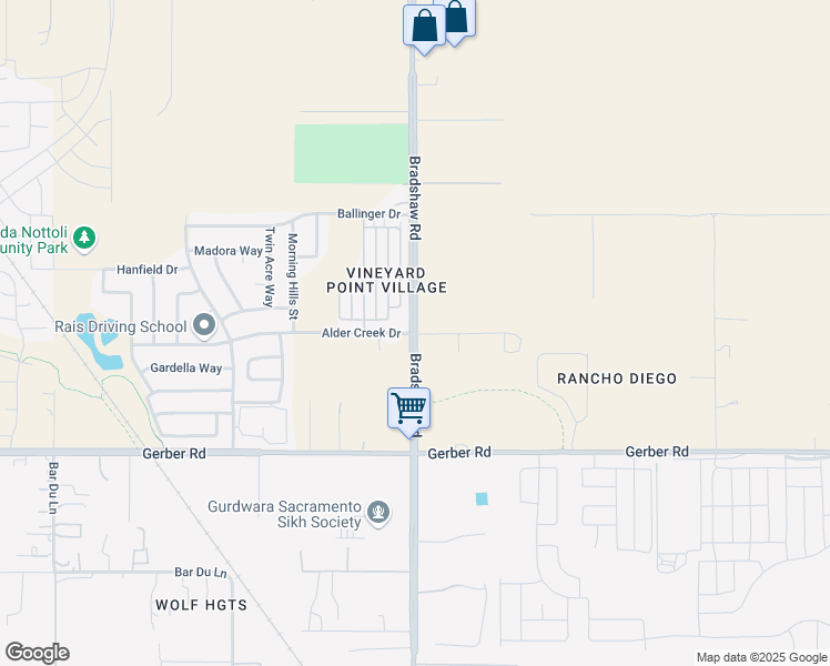 map of restaurants, bars, coffee shops, grocery stores, and more near 7490 Bradshaw Road in Sacramento