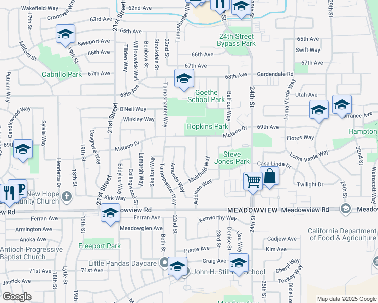 map of restaurants, bars, coffee shops, grocery stores, and more near 7513 Brownwood Way in Sacramento