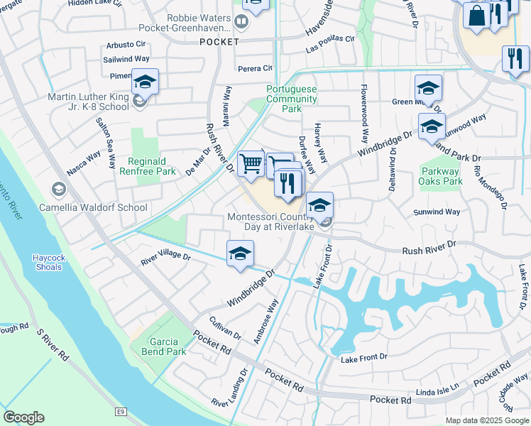 map of restaurants, bars, coffee shops, grocery stores, and more near 7534 Rush River Dr in Sacramento