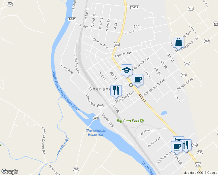 map of restaurants, bars, coffee shops, grocery stores, and more near 129 Pennsylvania Avenue in Shenandoah