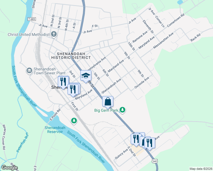 map of restaurants, bars, coffee shops, grocery stores, and more near 612 5th Street in Shenandoah