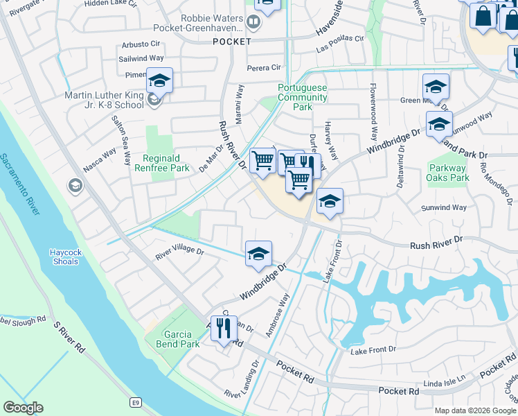 map of restaurants, bars, coffee shops, grocery stores, and more near 7556 Rush River Drive in Sacramento