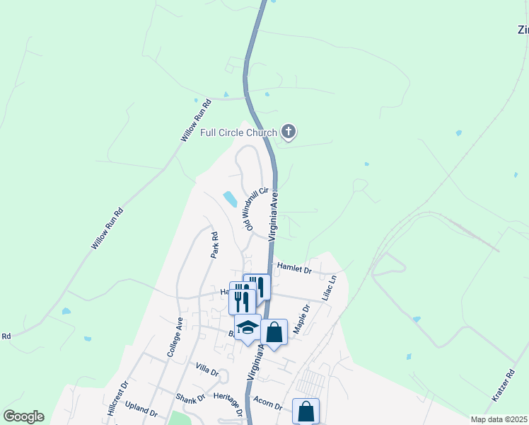 map of restaurants, bars, coffee shops, grocery stores, and more near 1412 Old Windmill Circle in Harrisonburg