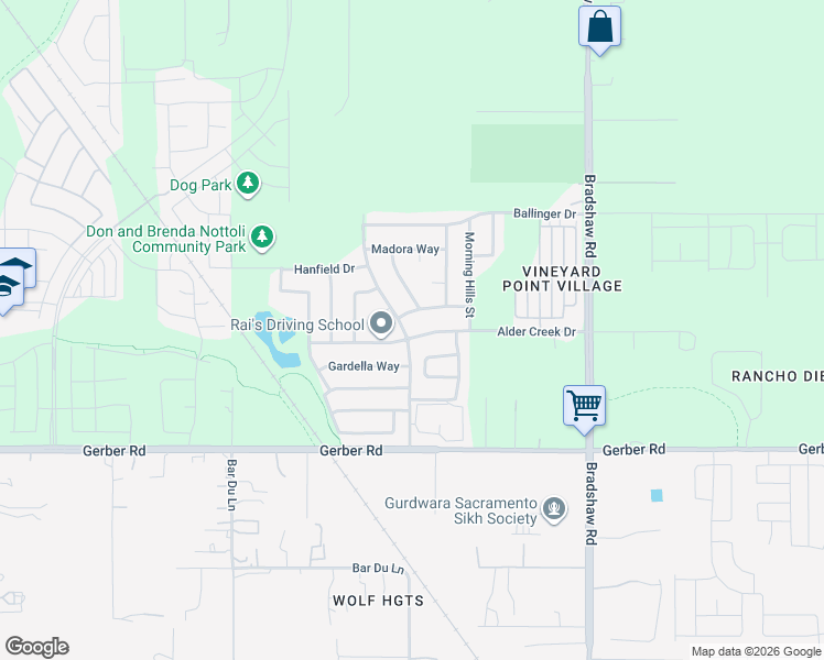 map of restaurants, bars, coffee shops, grocery stores, and more near 7490 Diamond Ranch Drive in Sacramento