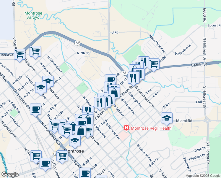 map of restaurants, bars, coffee shops, grocery stores, and more near 131 North Pythian Avenue in Montrose