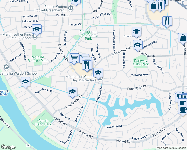 map of restaurants, bars, coffee shops, grocery stores, and more near 7531 Windbridge Drive in Sacramento