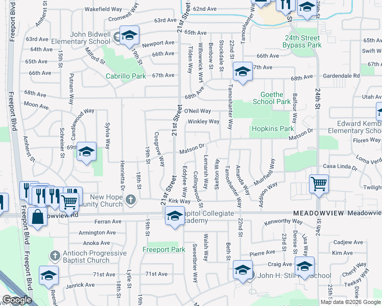 map of restaurants, bars, coffee shops, grocery stores, and more near 7500 Collingwood Street in Sacramento