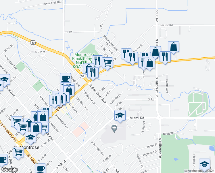 map of restaurants, bars, coffee shops, grocery stores, and more near T Road in Montrose