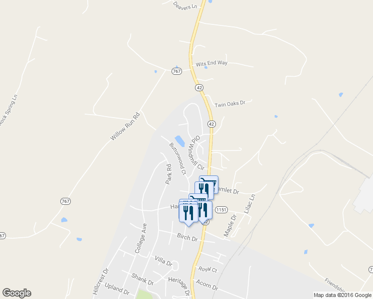 map of restaurants, bars, coffee shops, grocery stores, and more near 1253 Old Windmill Circle in Harrisonburg
