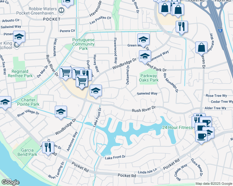 map of restaurants, bars, coffee shops, grocery stores, and more near 19 Amaral Court in Sacramento
