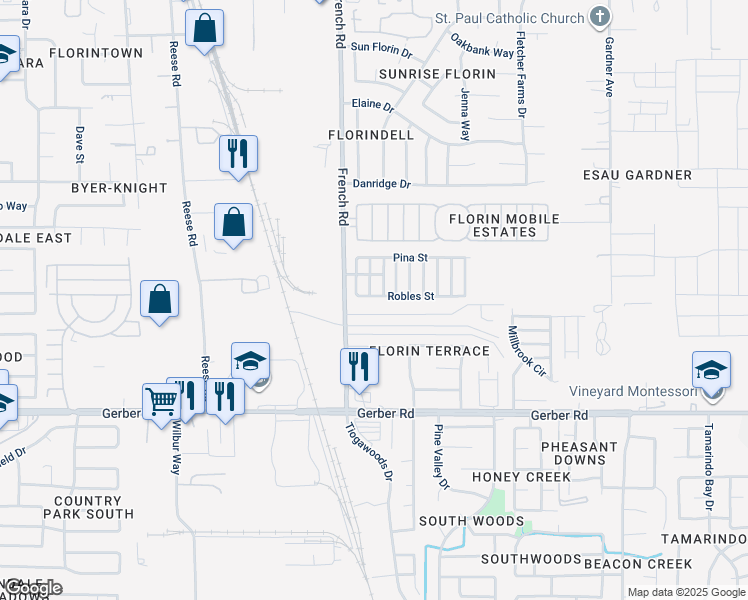 map of restaurants, bars, coffee shops, grocery stores, and more near 54 Robles Street in Sacramento