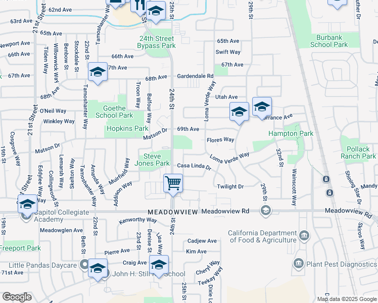 map of restaurants, bars, coffee shops, grocery stores, and more near 2511 Ferndale Avenue in Sacramento