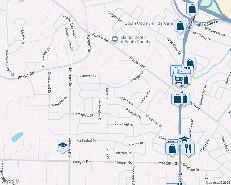 map of restaurants, bars, coffee shops, grocery stores, and more near 5122 Ashrock Drive in St. Louis