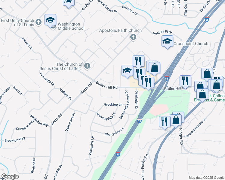 map of restaurants, bars, coffee shops, grocery stores, and more near 4430 Butler Hill Road in St. Louis