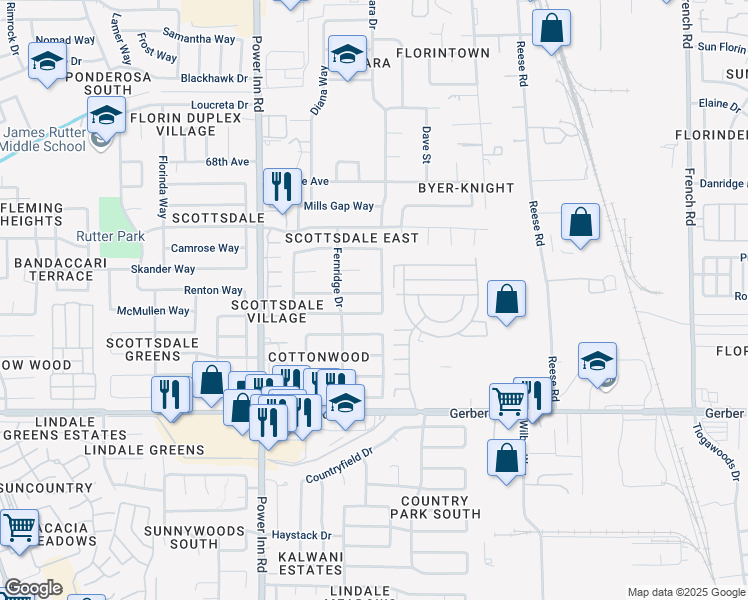 map of restaurants, bars, coffee shops, grocery stores, and more near 8186 Austell Way in Sacramento