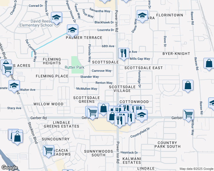 map of restaurants, bars, coffee shops, grocery stores, and more near 7828 Renton Way in Sacramento