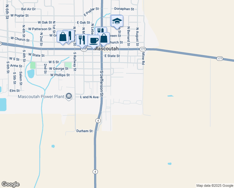 map of restaurants, bars, coffee shops, grocery stores, and more near 500 South Independence Street in Mascoutah