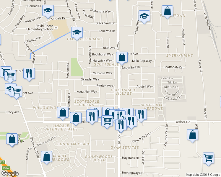 map of restaurants, bars, coffee shops, grocery stores, and more near 7828 Renton Way in Sacramento