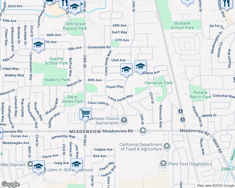 map of restaurants, bars, coffee shops, grocery stores, and more near 7520 29th Street in Sacramento
