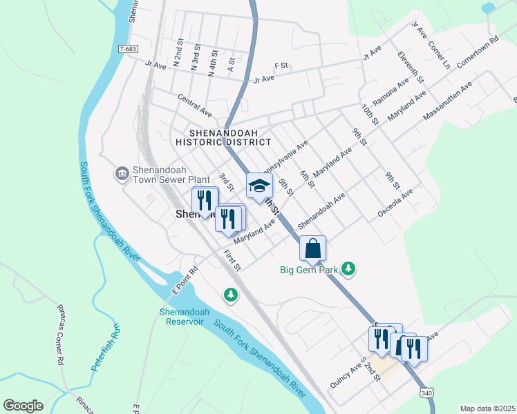 map of restaurants, bars, coffee shops, grocery stores, and more near 527 Fourth Street in Shenandoah