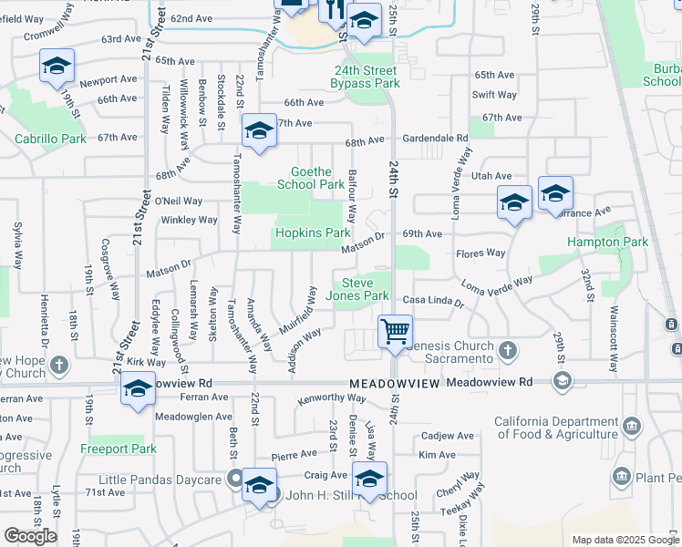 map of restaurants, bars, coffee shops, grocery stores, and more near 7530 Addison Way in Sacramento