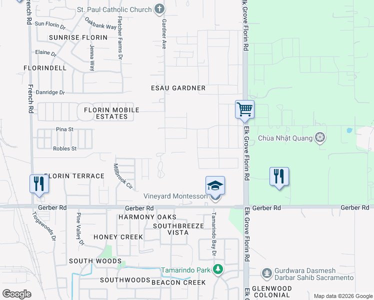 map of restaurants, bars, coffee shops, grocery stores, and more near 7499 Gardner Avenue in Sacramento
