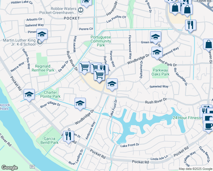 map of restaurants, bars, coffee shops, grocery stores, and more near 7529 Windbridge Drive in Sacramento