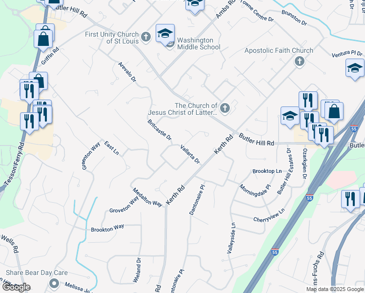 map of restaurants, bars, coffee shops, grocery stores, and more near Vallarta Drive in St. Louis