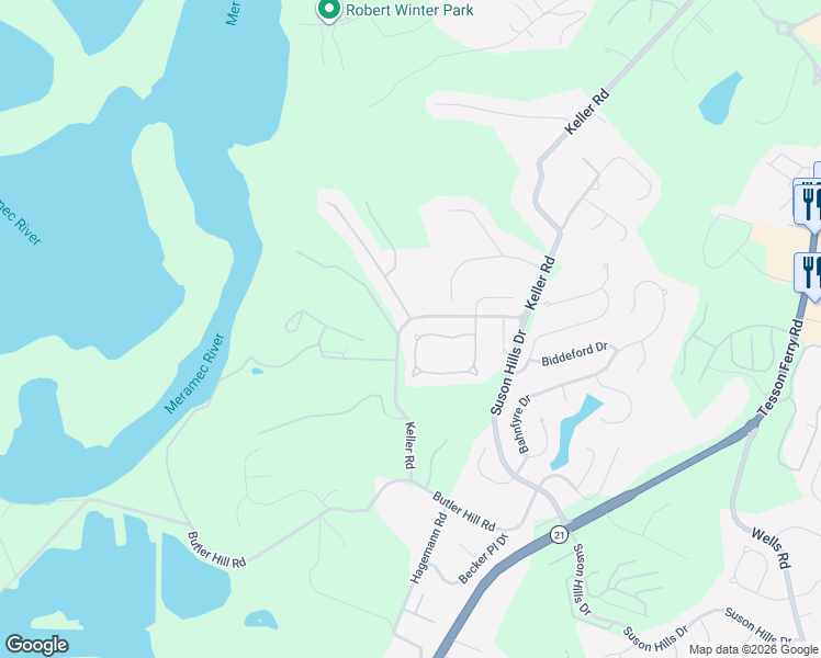 map of restaurants, bars, coffee shops, grocery stores, and more near 5868 Hightower Drive in St. Louis