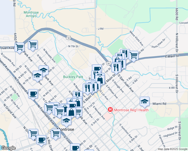 map of restaurants, bars, coffee shops, grocery stores, and more near 131 North Pythian Avenue in Montrose