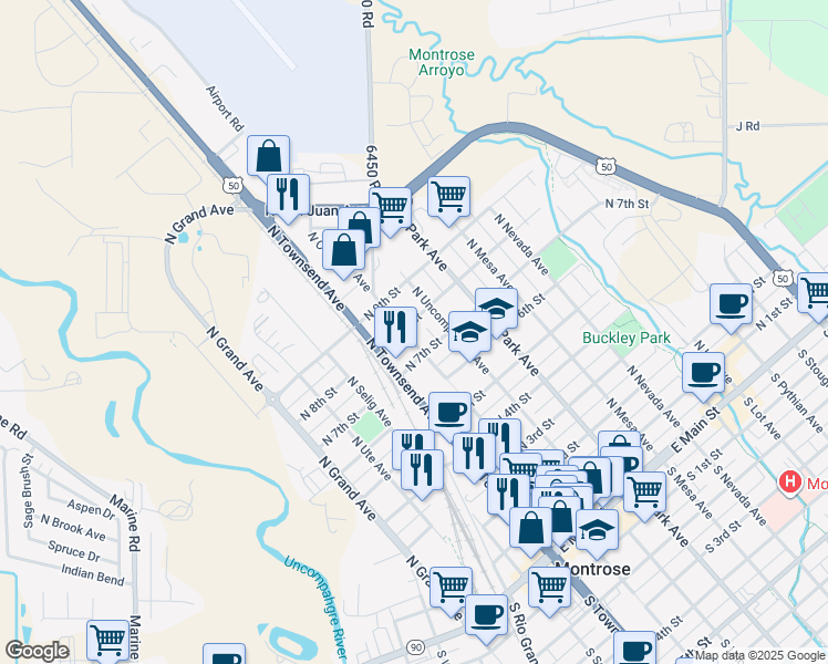 map of restaurants, bars, coffee shops, grocery stores, and more near 700 North Cascade Avenue in Montrose