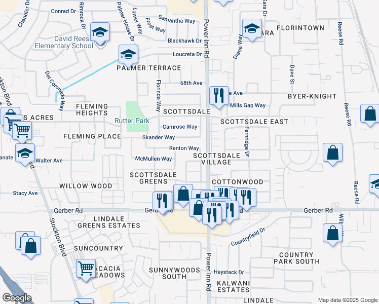 map of restaurants, bars, coffee shops, grocery stores, and more near 7828 Renton Way in Sacramento