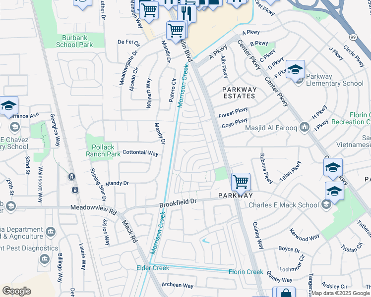 map of restaurants, bars, coffee shops, grocery stores, and more near 86 Creeks Edge Way in Sacramento