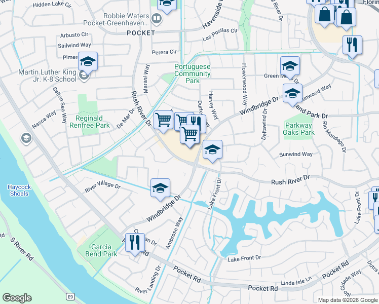 map of restaurants, bars, coffee shops, grocery stores, and more near 7485 Rush River Drive in Sacramento