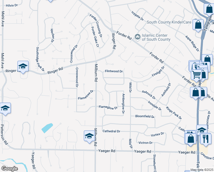 map of restaurants, bars, coffee shops, grocery stores, and more near 5104 Harthlodge Drive in Saint Louis