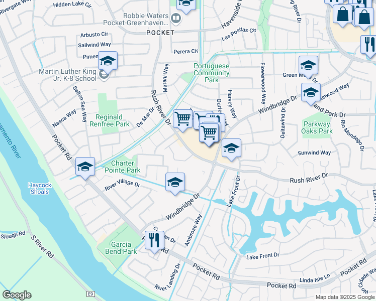 map of restaurants, bars, coffee shops, grocery stores, and more near 7544 Rush River Drive in Sacramento